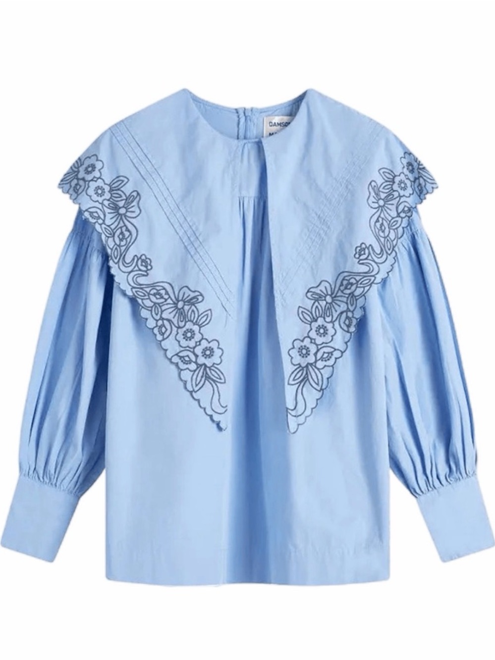 Chambray Blue Embroidered Bib Blouse by Ganni